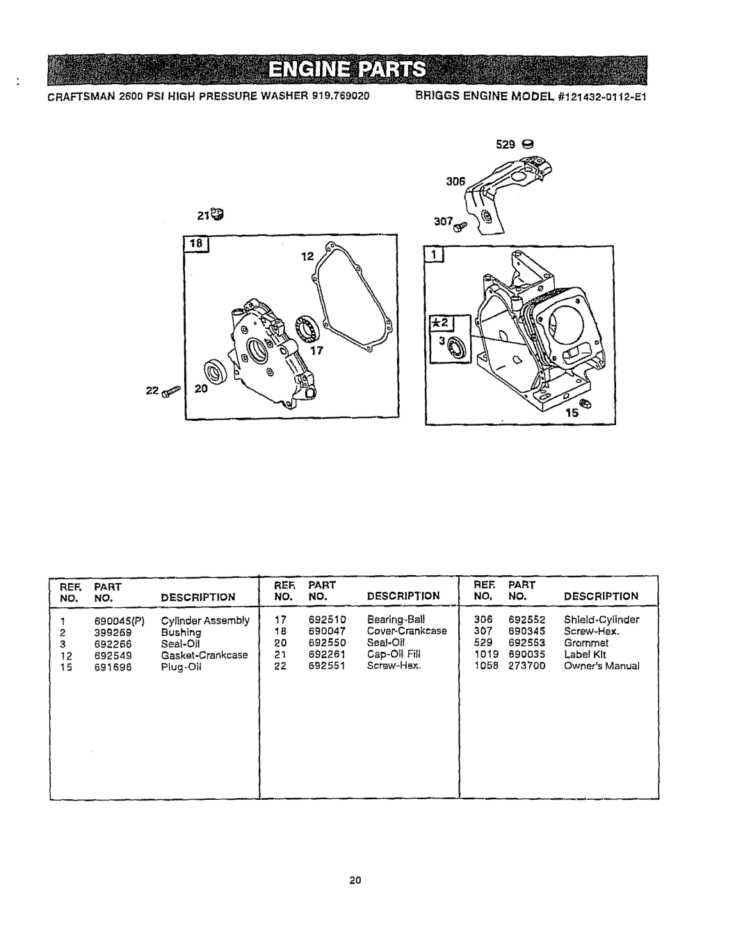 Craftsman 919.76902 manual Briggs Engine Model #121432-0112-E1, 529, Part 