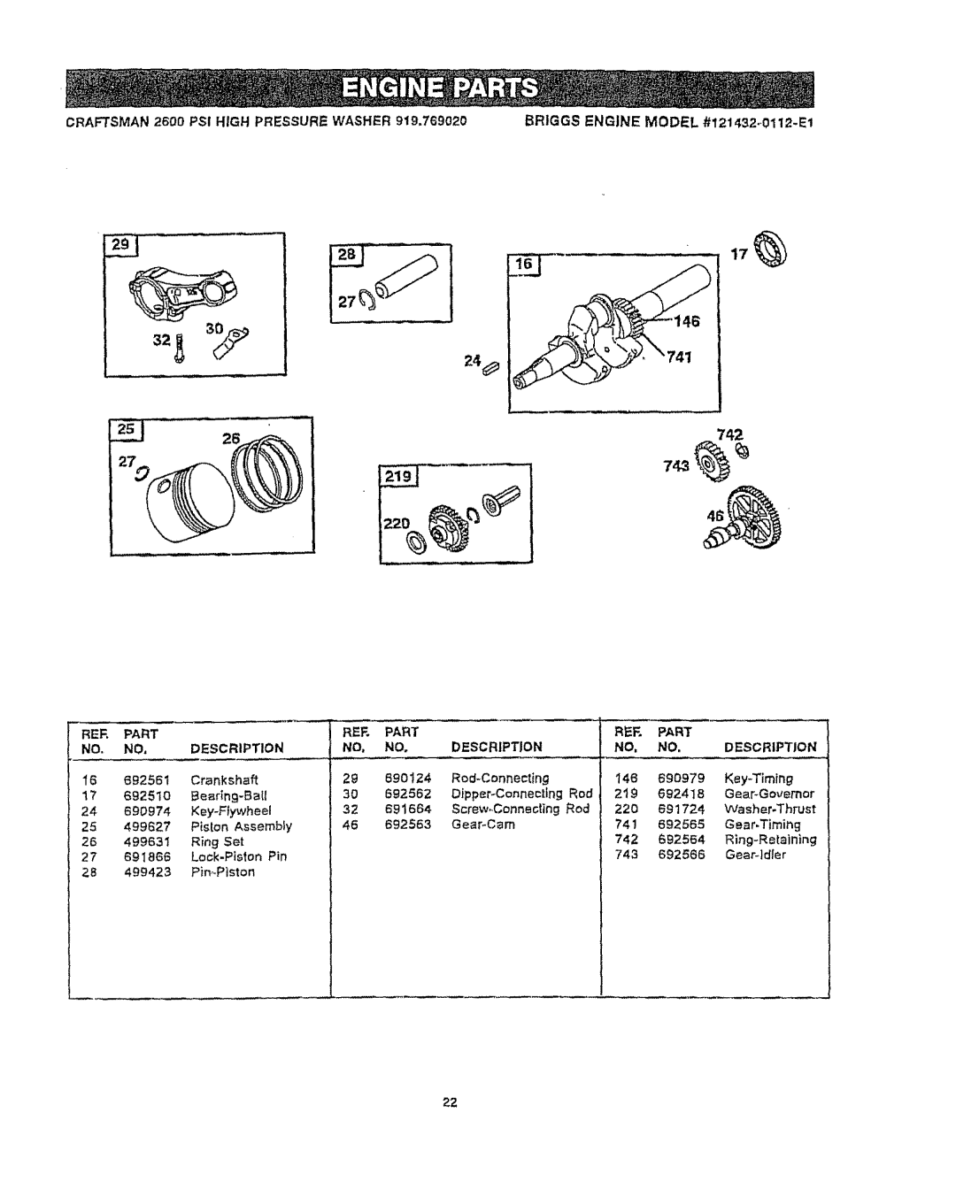 Craftsman 919.76902 manual 742, Craftsman 2600 PSI High Pressure Washer 919,769020, Briggs Engine Model #121432.,0112-E1 