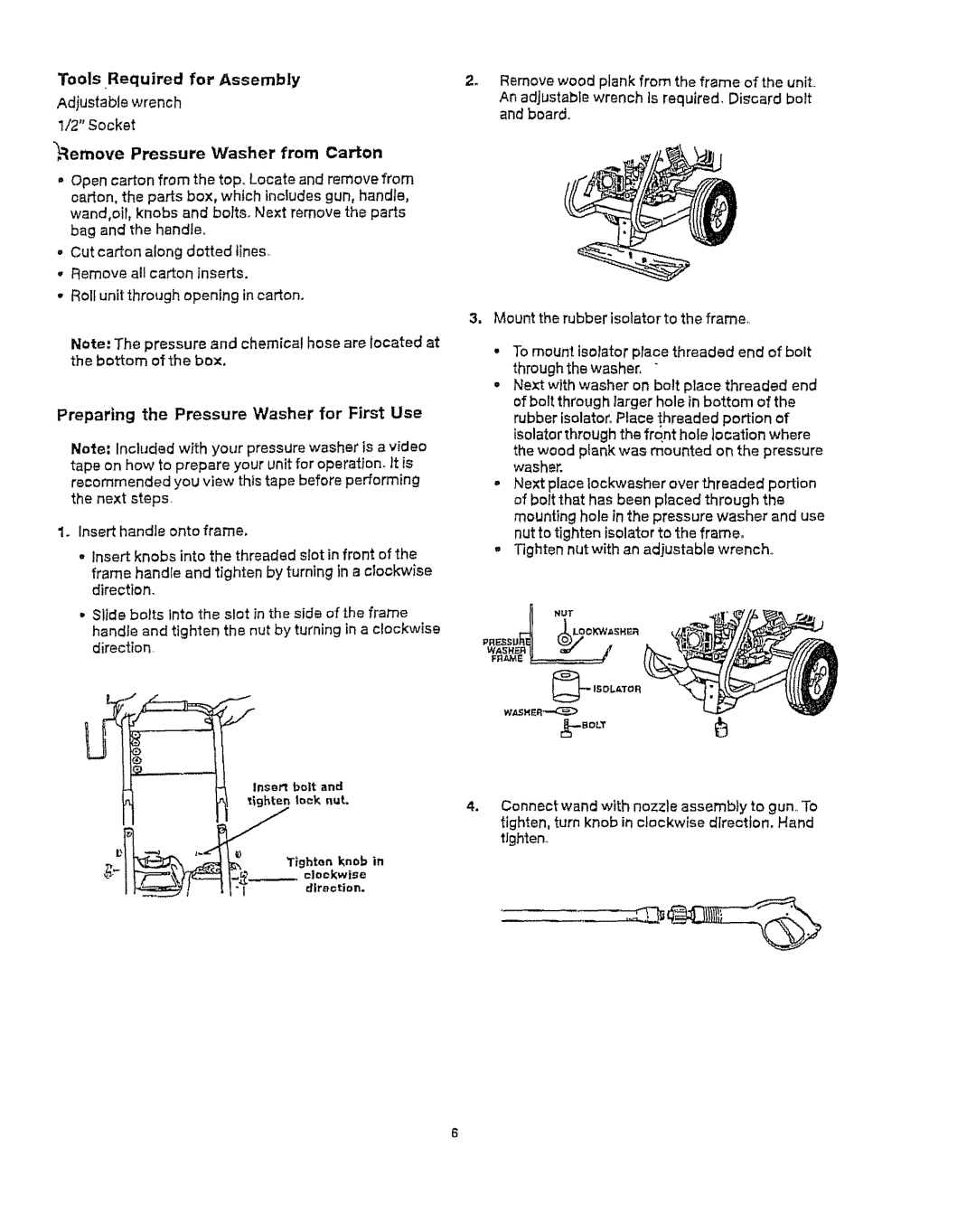 Craftsman 919.76902 manual Tools Required For Assembly, Washer from Carton, Preparing the Pressure Washer for First Use 