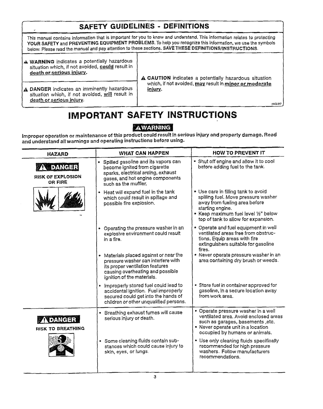 Craftsman 919.76902 Important Safety Instructions, Safety Guidelines - Definitions, death or,s,erous in,u__r_, i_u___ 