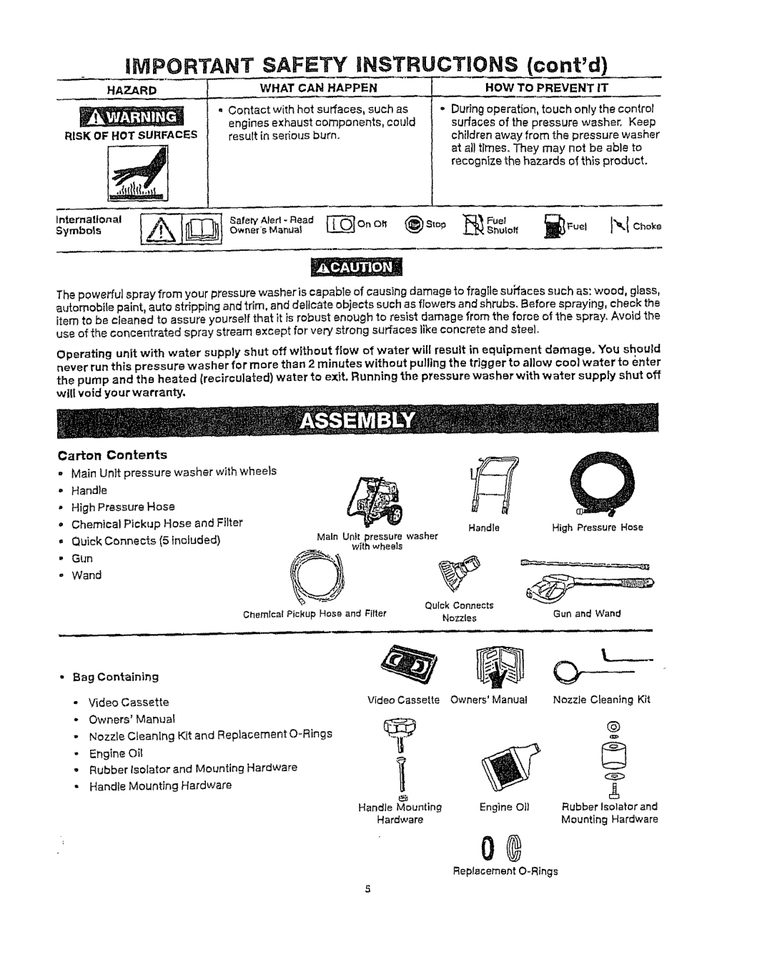 Craftsman 919.76902 manual iMPORTANT SAFETY iNSTRUCTiONS tonid, Internatlon ai, Carton Contents, Chemical Pickup, included 