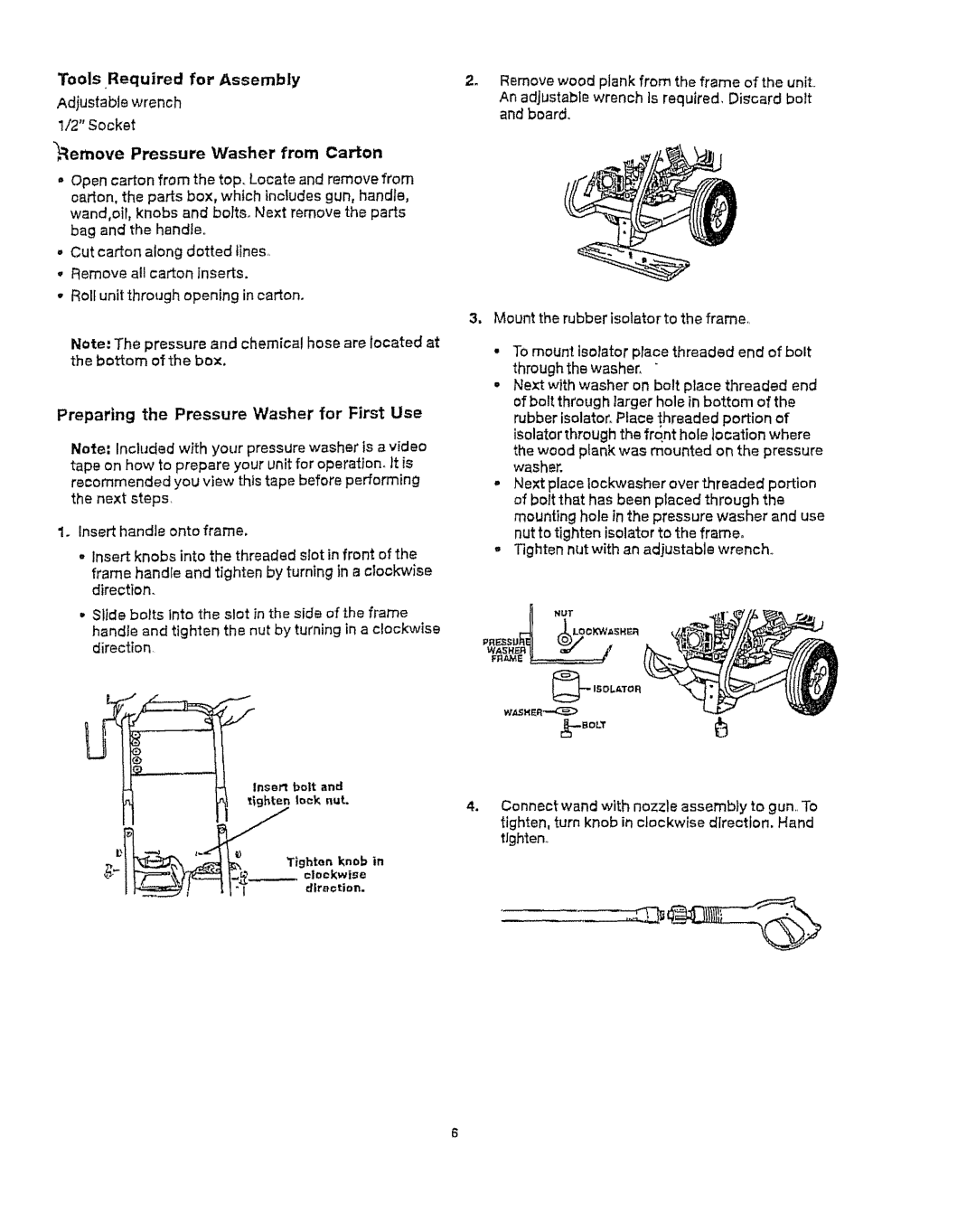 Craftsman 919.76902 manual Tools Required, for Assembly, Washer from, Carton, Preparing the Pressure Washer for First Use 