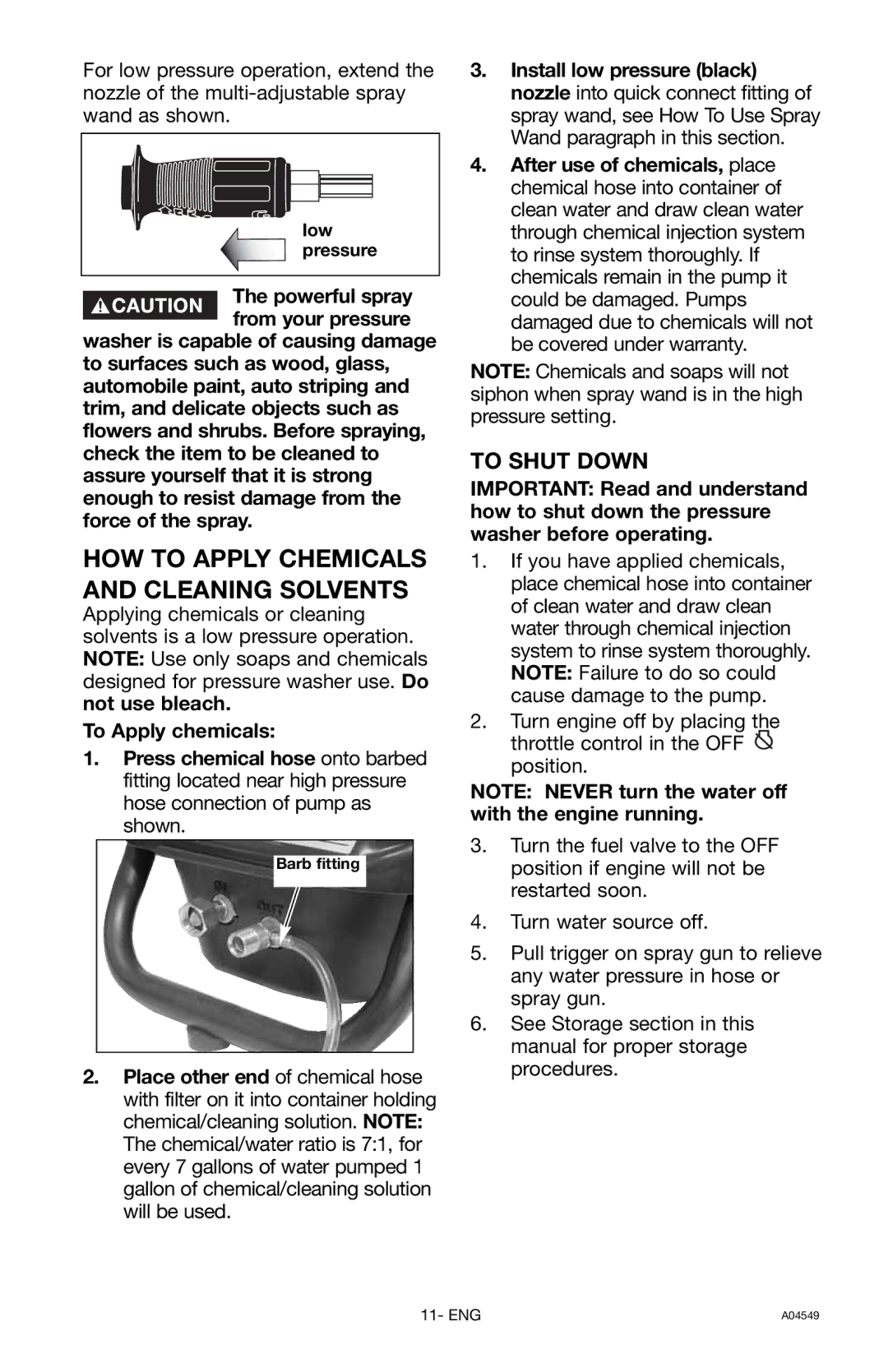 Craftsman 919.769063 owner manual HOW to Apply Chemicals and Cleaning Solvents, To Shut Down 