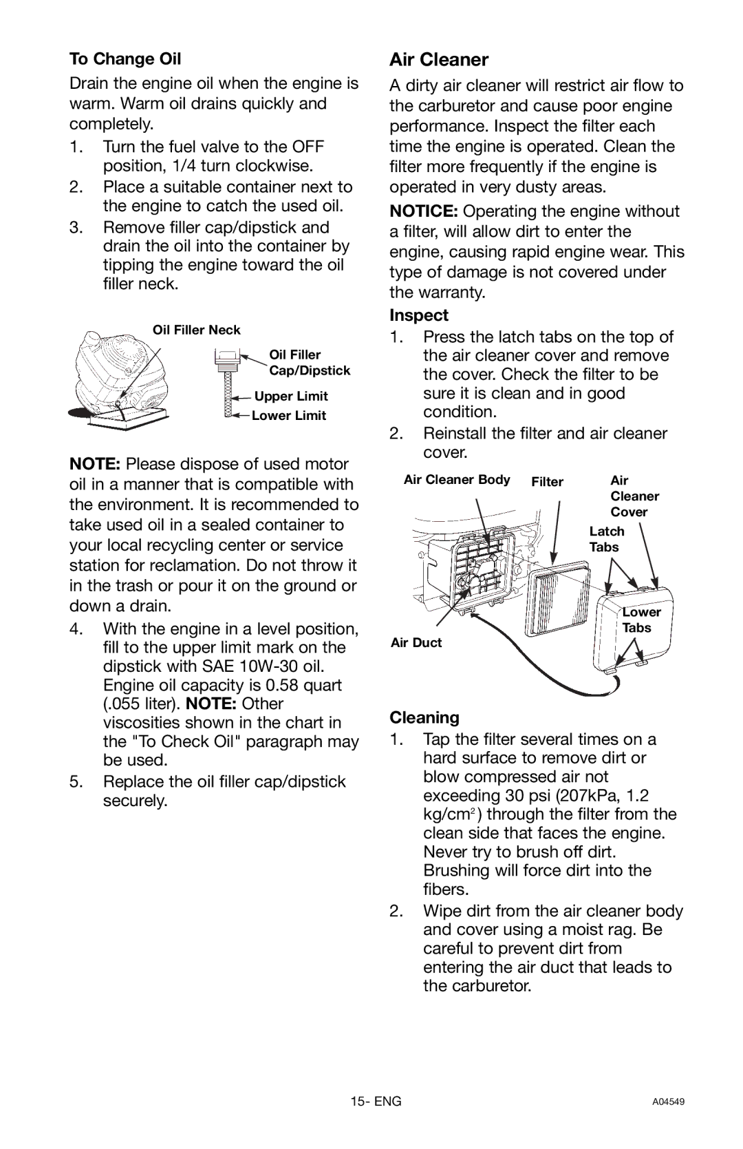 Craftsman 919.769063 owner manual To Change Oil, Inspect, Cleaning 