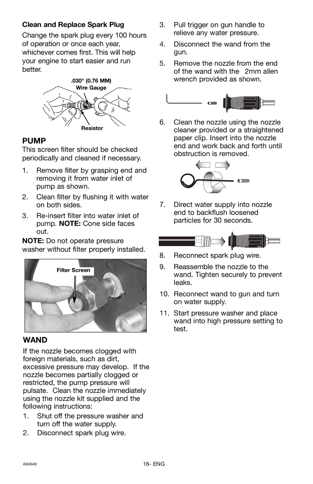 Craftsman 919.769063 owner manual Pump, Wand, Clean and Replace Spark Plug 