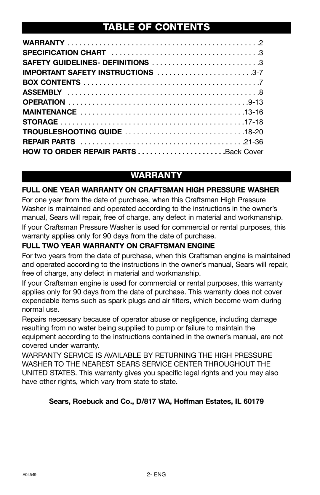 Craftsman 919.769063 owner manual Table of Contents 