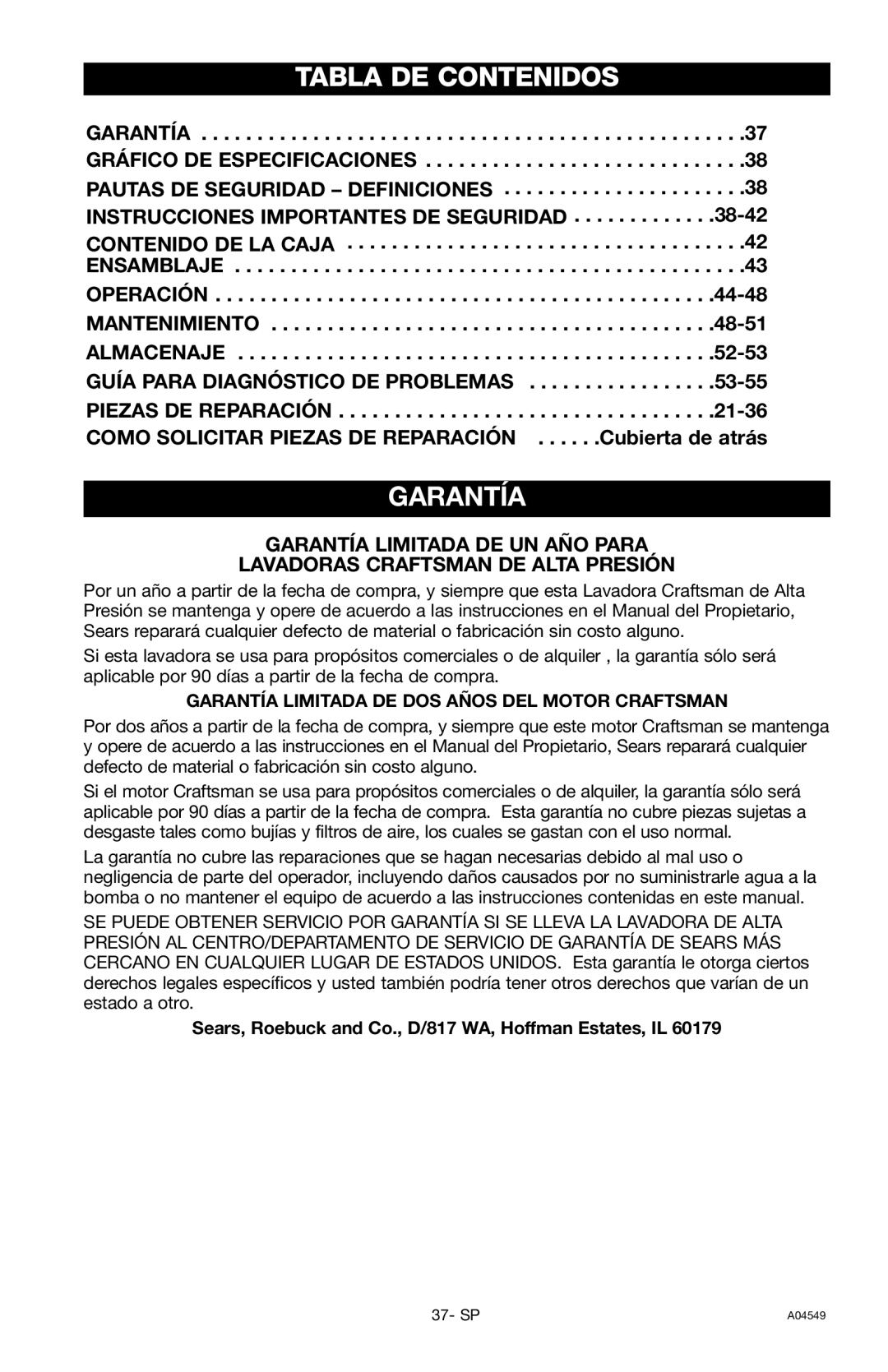 Craftsman 919.769063 owner manual Tabla DE Contenidos, Garantía 