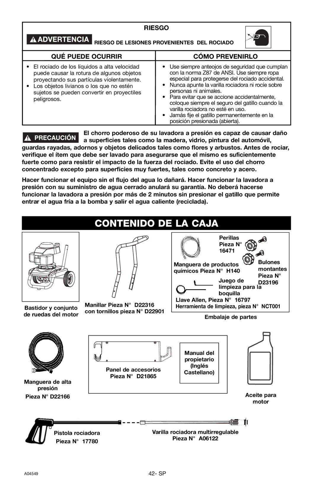 Craftsman 919.769063 owner manual Contenido DE LA Caja 