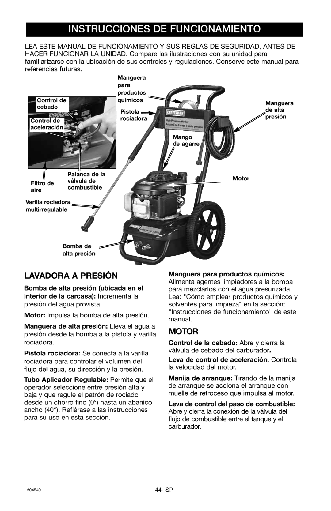 Craftsman 919.769063 owner manual Lavadora a Presión, Motor 