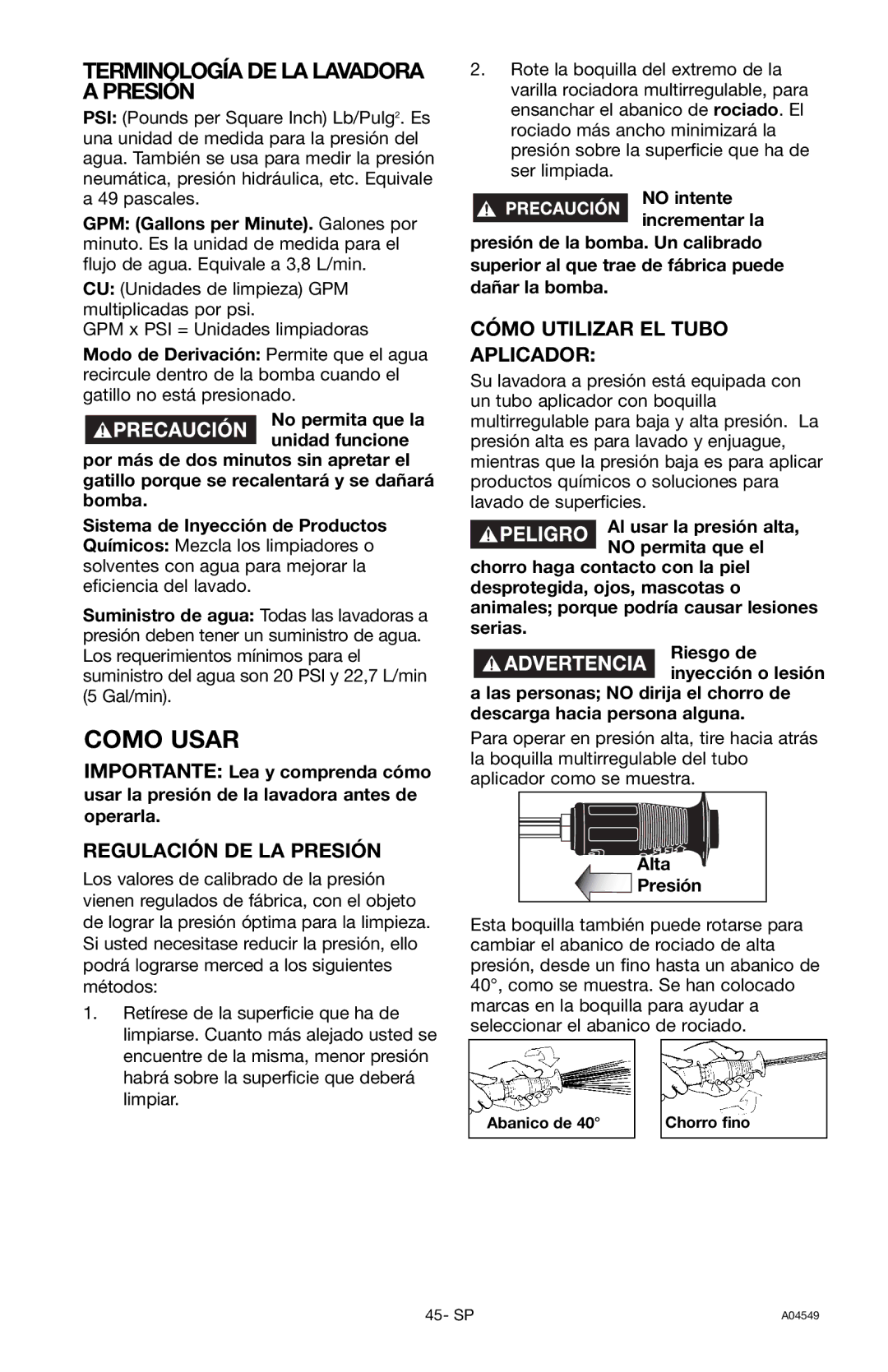 Craftsman 919.769063 Terminología DE LA Lavadora a Presión, Regulación DE LA Presión, Cómo Utilizar EL Tubo Aplicador 