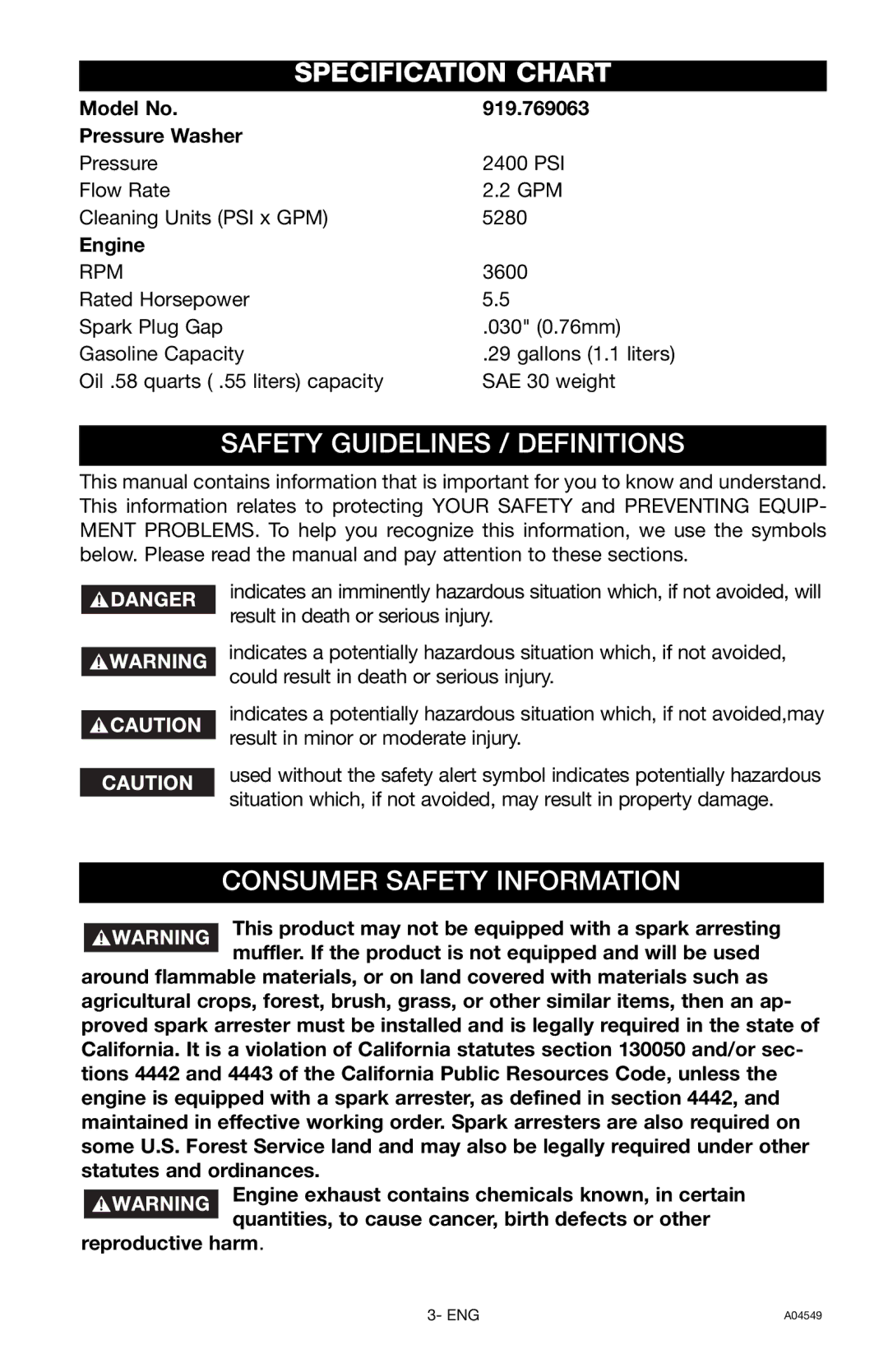 Craftsman owner manual Specification Chart, Model No 919.769063 Pressure Washer, Engine 