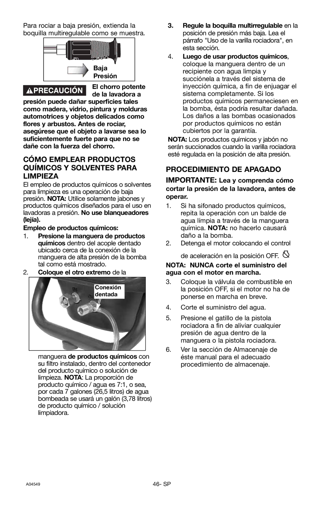 Craftsman 919.769063 owner manual Cómo Emplear Productos Químicos Y Solventes Para Limpieza, Procedimiento DE Apagado 