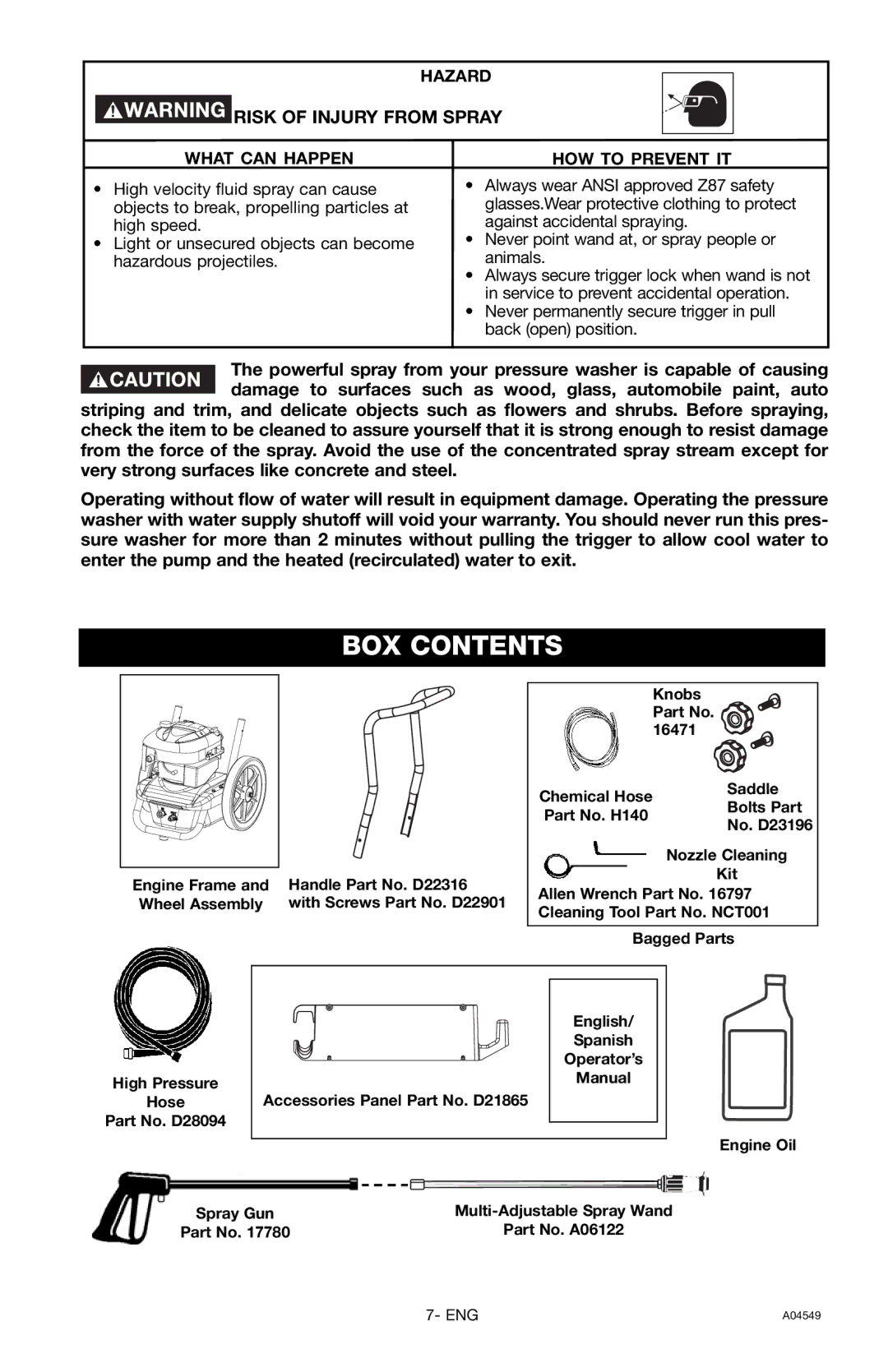 Craftsman 919.769063 owner manual BOX Contents 