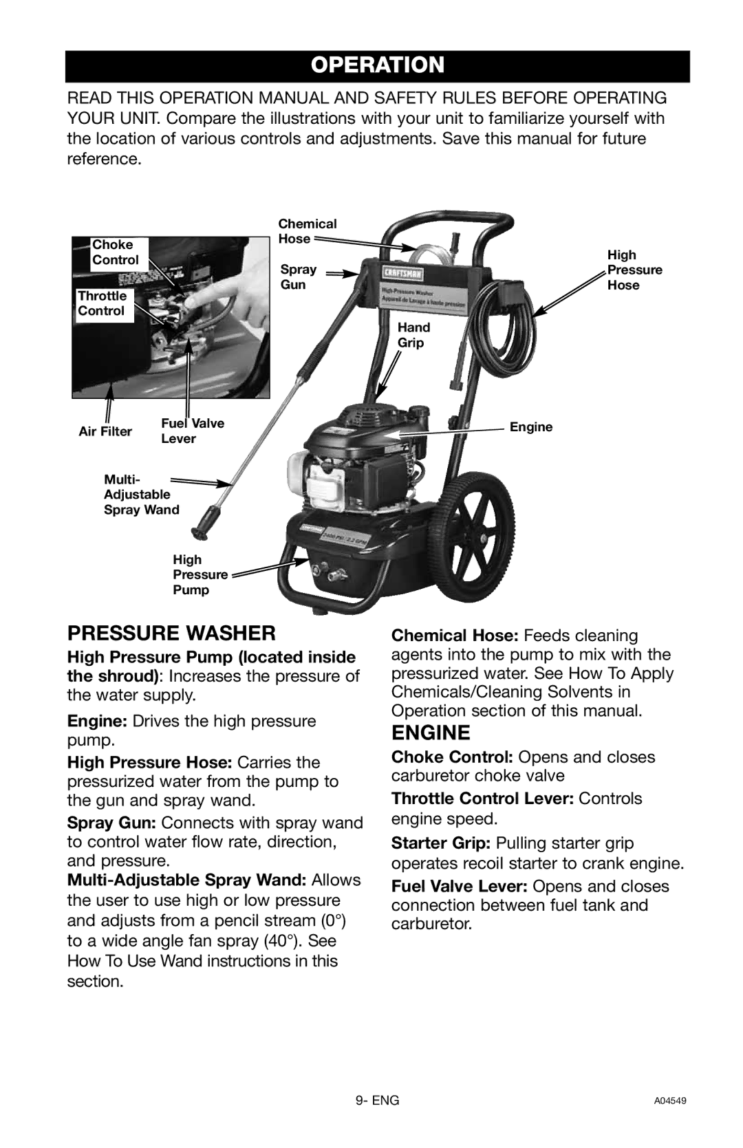 Craftsman 919.769063 owner manual Operation, Throttle Control Lever Controls engine speed 