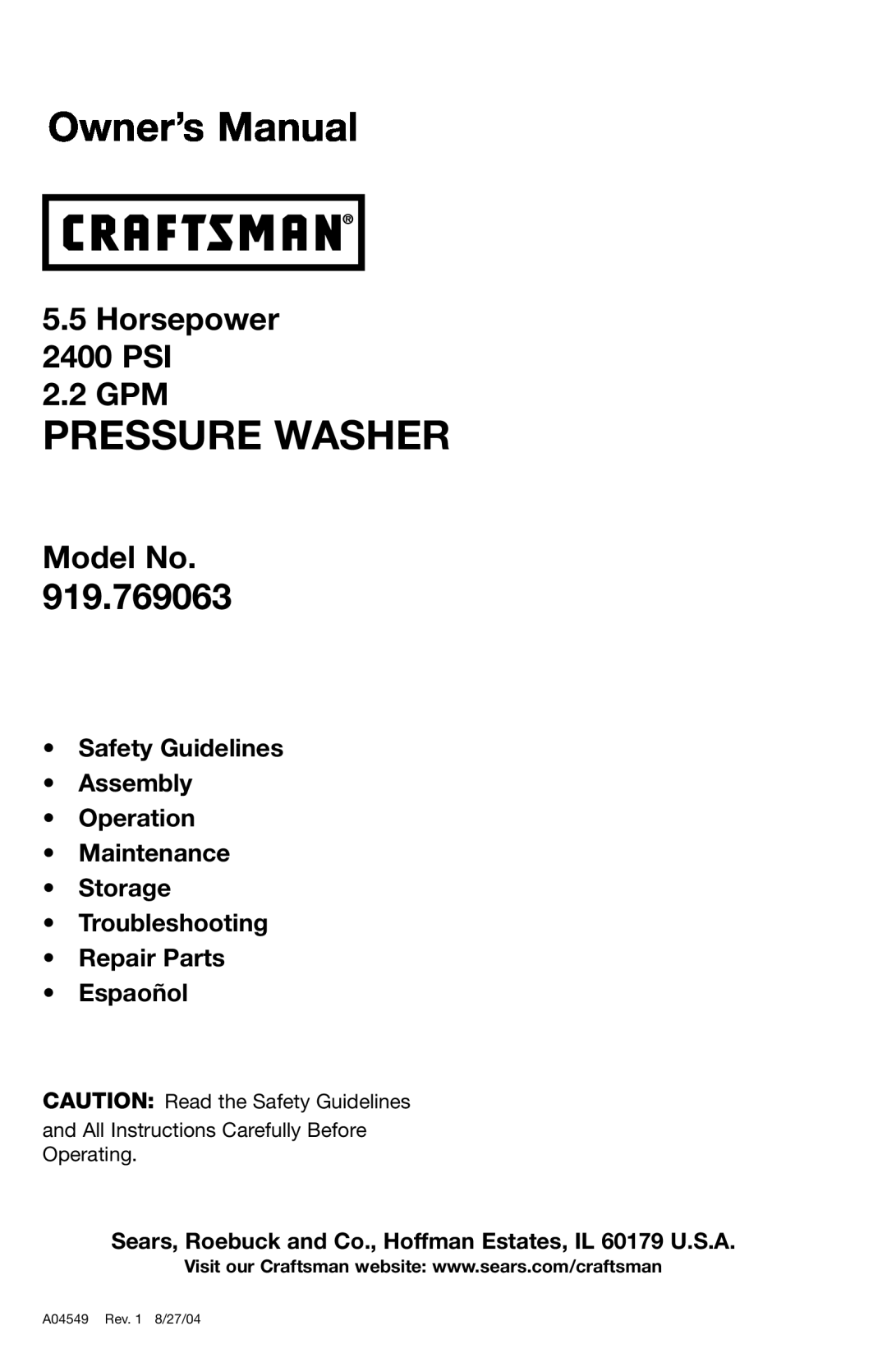Craftsman 919.769063 owner manual Safety Guidelines Assembly Operation Maintenance Storage, Pressure Washer, Model No 