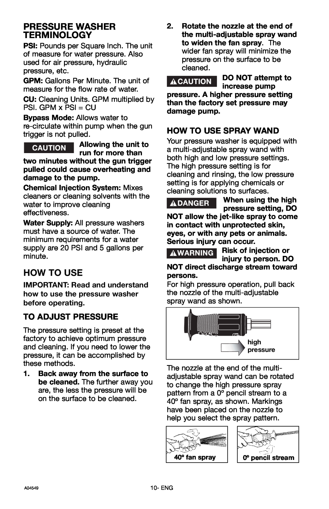 Craftsman 919.769063 owner manual Pressure Washer Terminology, To Adjust Pressure, How To Use Spray Wand 