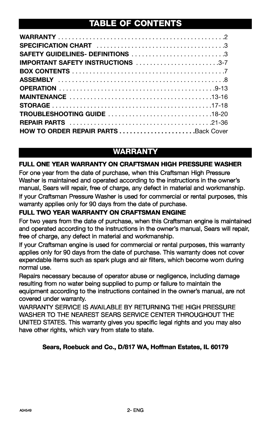 Craftsman 919.769063 owner manual Table Of Contents, Warranty 