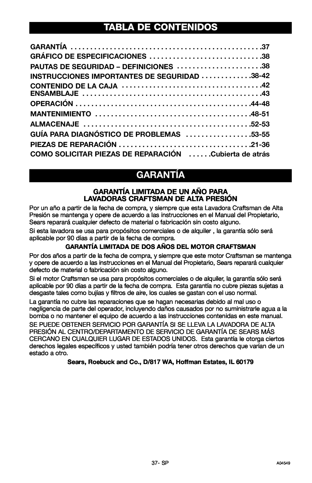 Craftsman 919.769063 owner manual Tabla De Contenidos, Garantía 