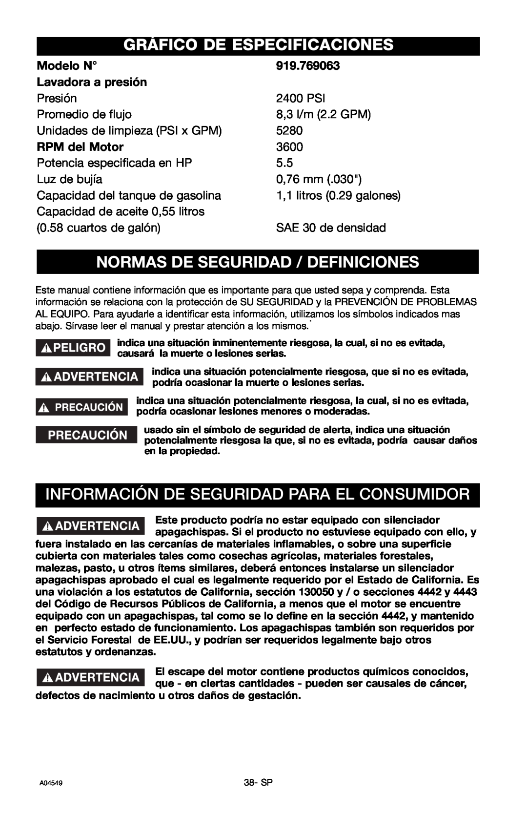 Craftsman 919.769063 owner manual Gráfico De Especificaciones, Normas De Seguridad / Definiciones 