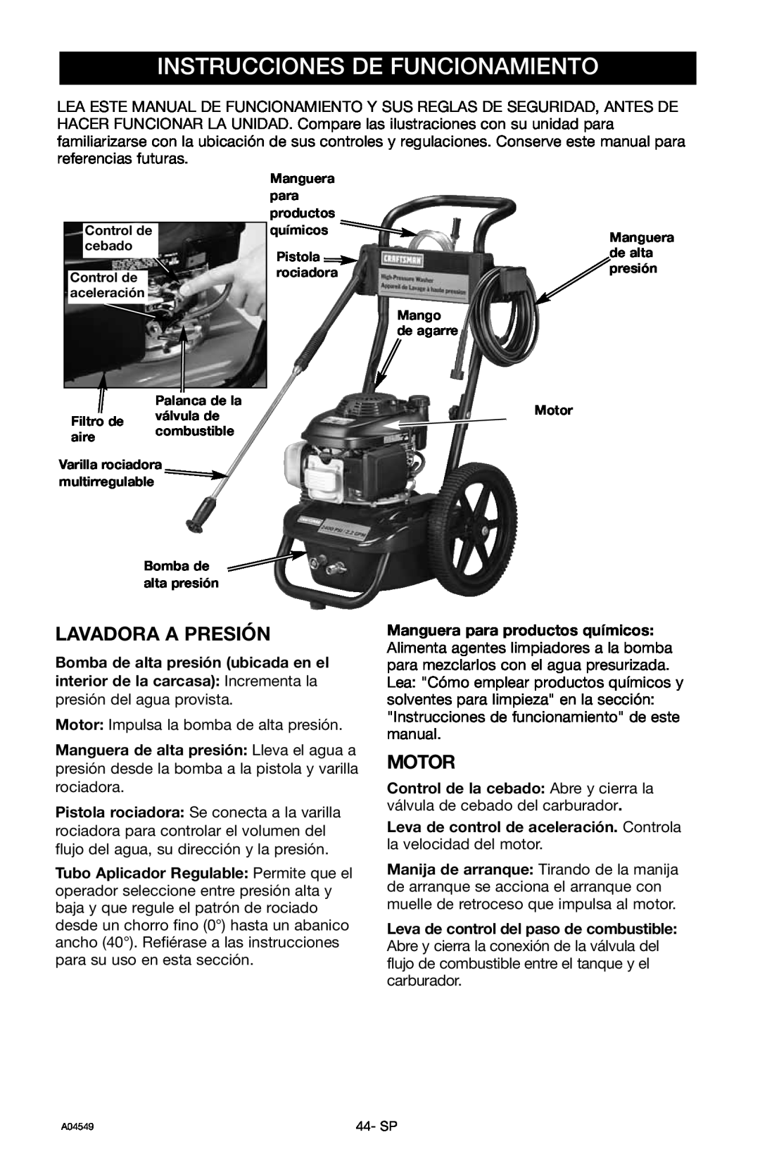 Craftsman 919.769063 owner manual Instrucciones De Funcionamiento, Lavadora A Presión, Motor 