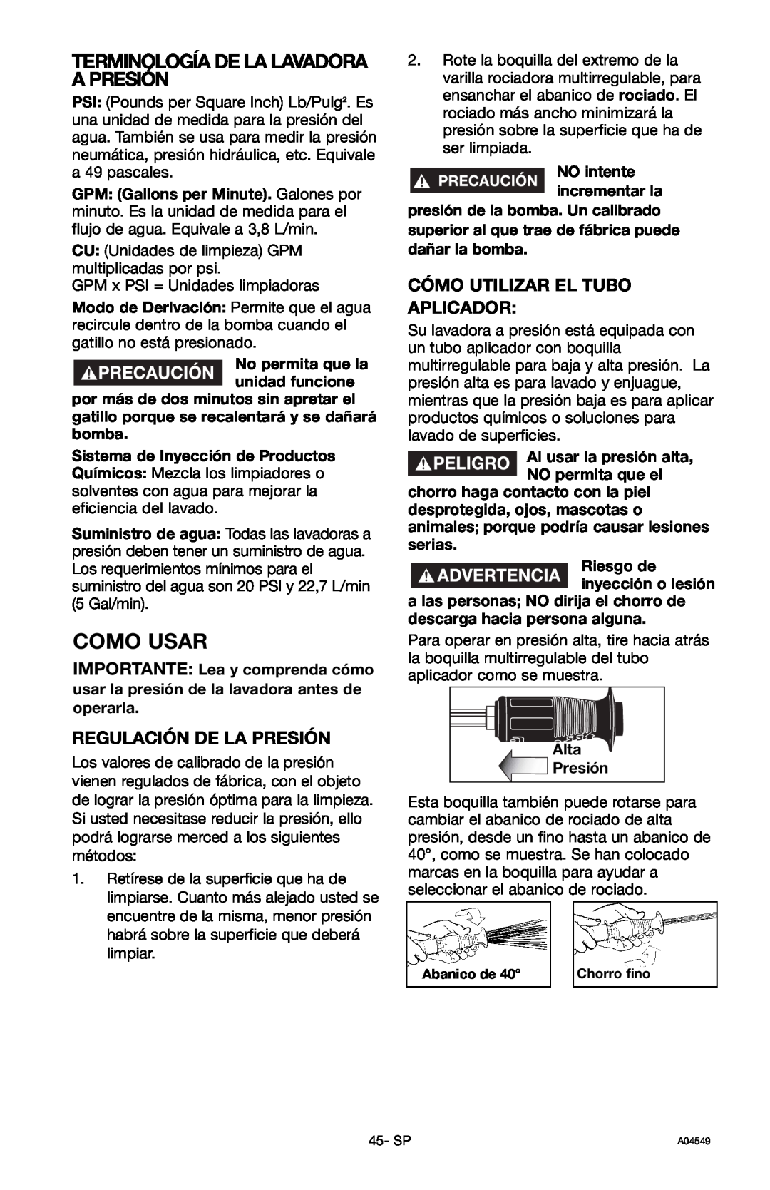 Craftsman 919.769063 owner manual Como Usar, Terminología De La Lavadora A Presión 