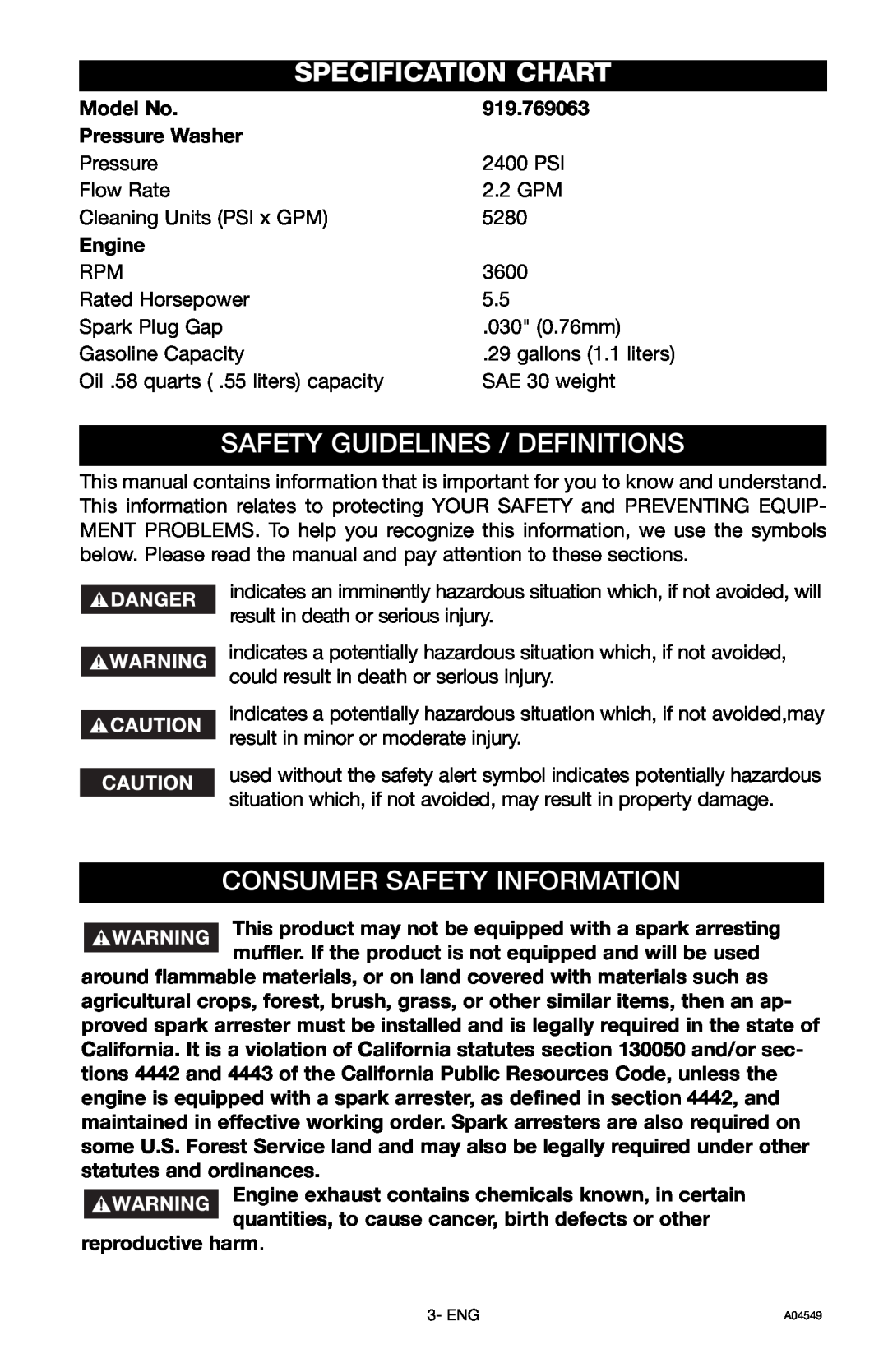 Craftsman 919.769063 owner manual Specification Chart, Safety Guidelines / Definitions, Consumer Safety Information 