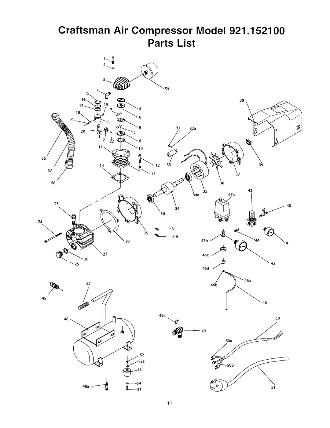 Craftsman 921.1521 owner manual Craftsman Air Compressor Model Parts List 