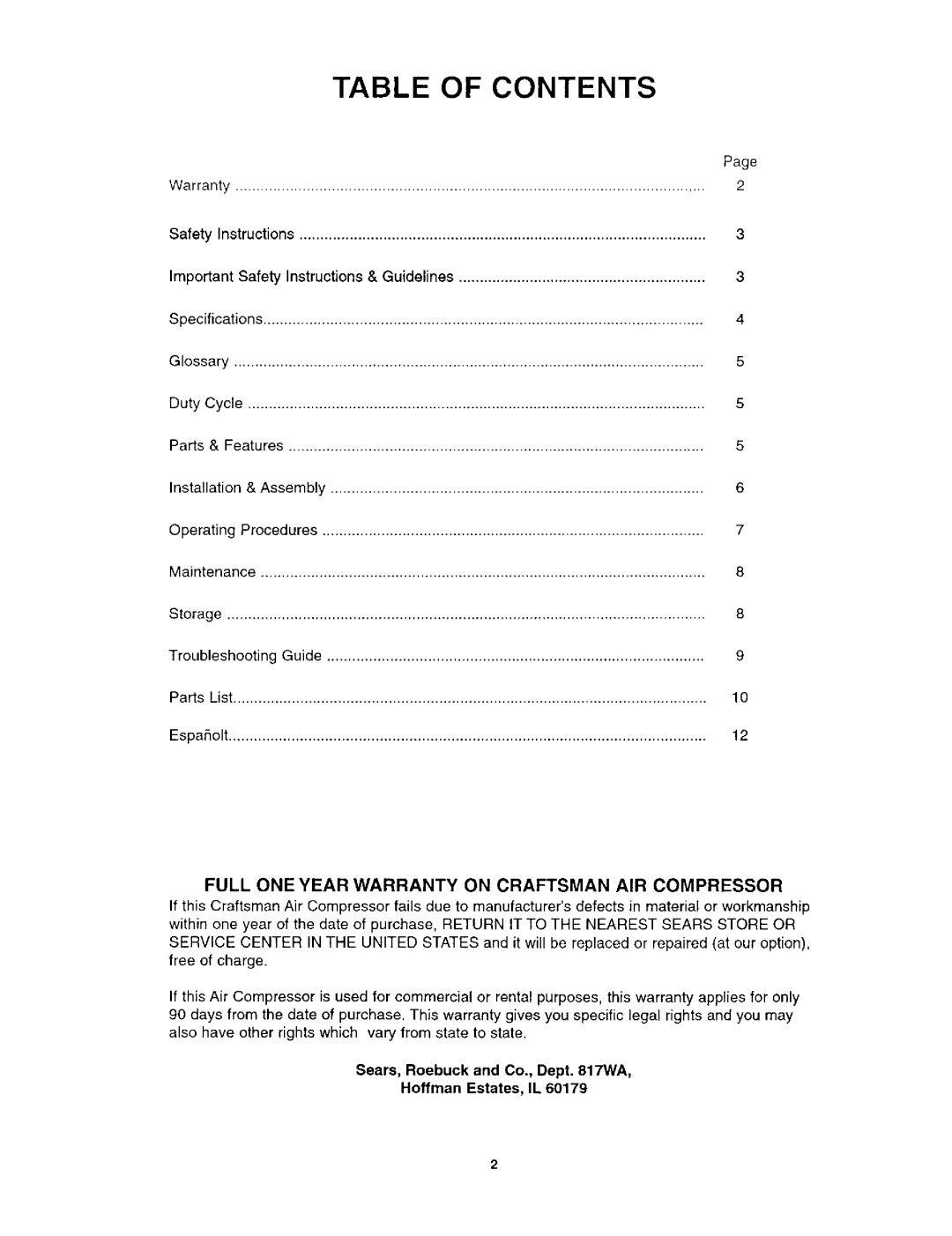 Craftsman 921.1521 owner manual Table of Contents 