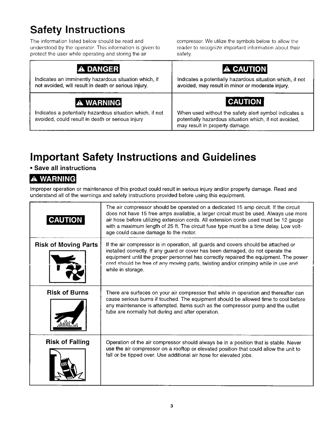 Craftsman 921.1521 owner manual Safety Instructions, Risk Moving Parts, Risk Burns 