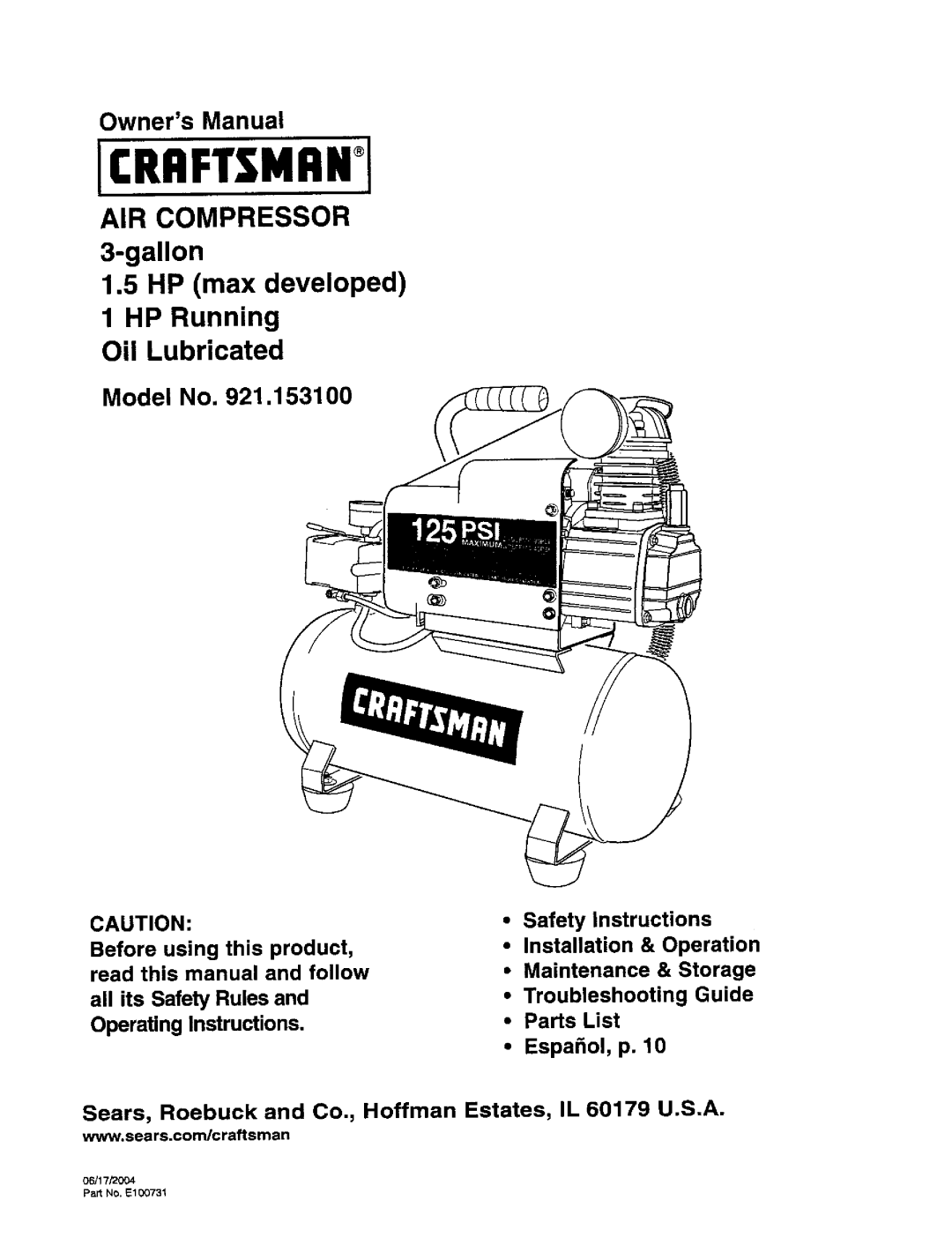 Craftsman 921.1531 owner manual AIR Compressor 