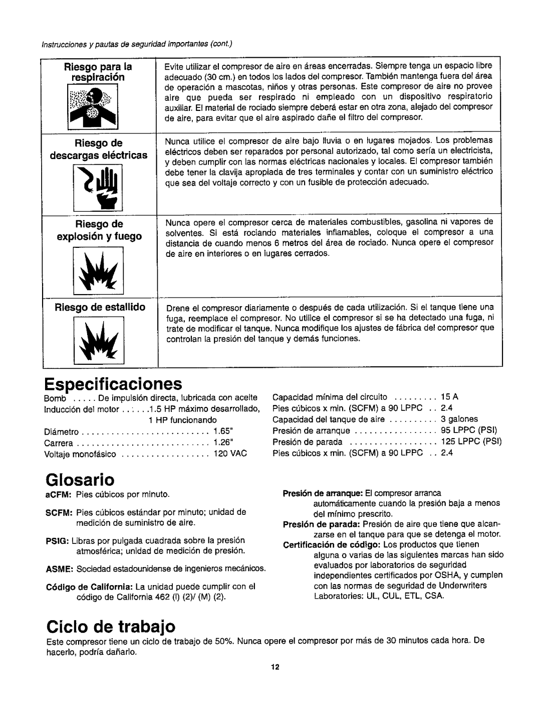 Craftsman 921.1531 owner manual Especificaciones, Glosario, Ciclo de trabajo 