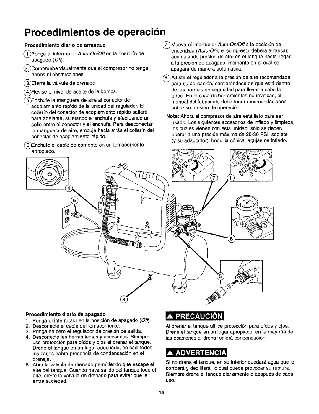 Craftsman 921.1531 Procedimientos de operaci6n, Procedimiento diario de arranque, Procedimiento diario de apagado 