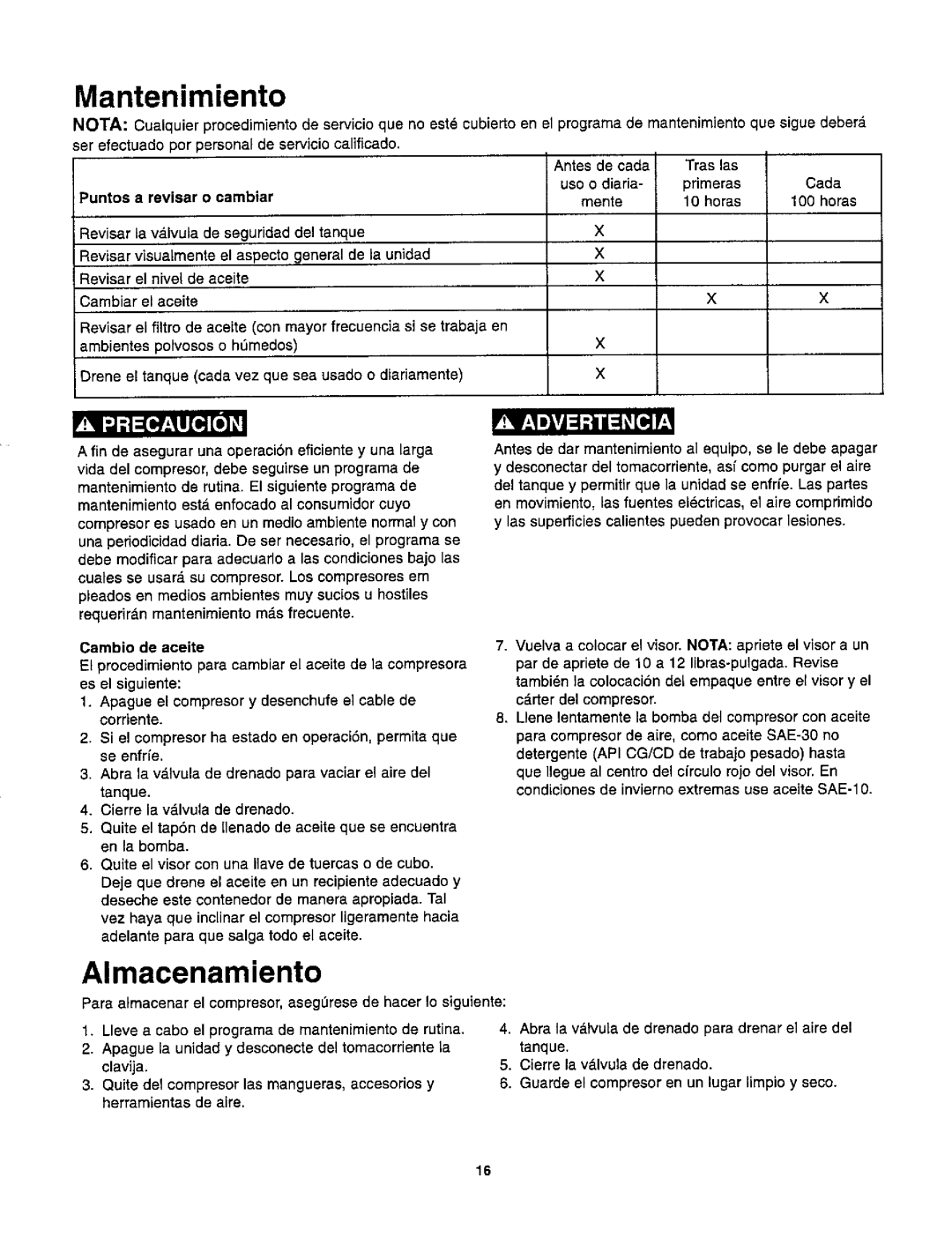 Craftsman 921.1531 owner manual Mantenimiento, Almacenamiento, Revisar o ¢ambiar, Cambio de aceite 