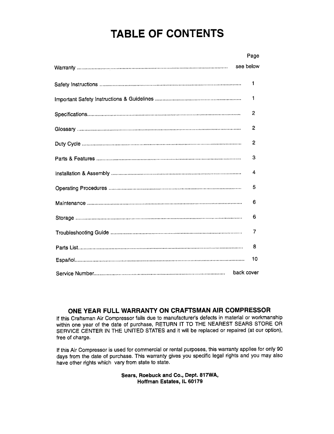 Craftsman 921.1531 owner manual Table of Contents 