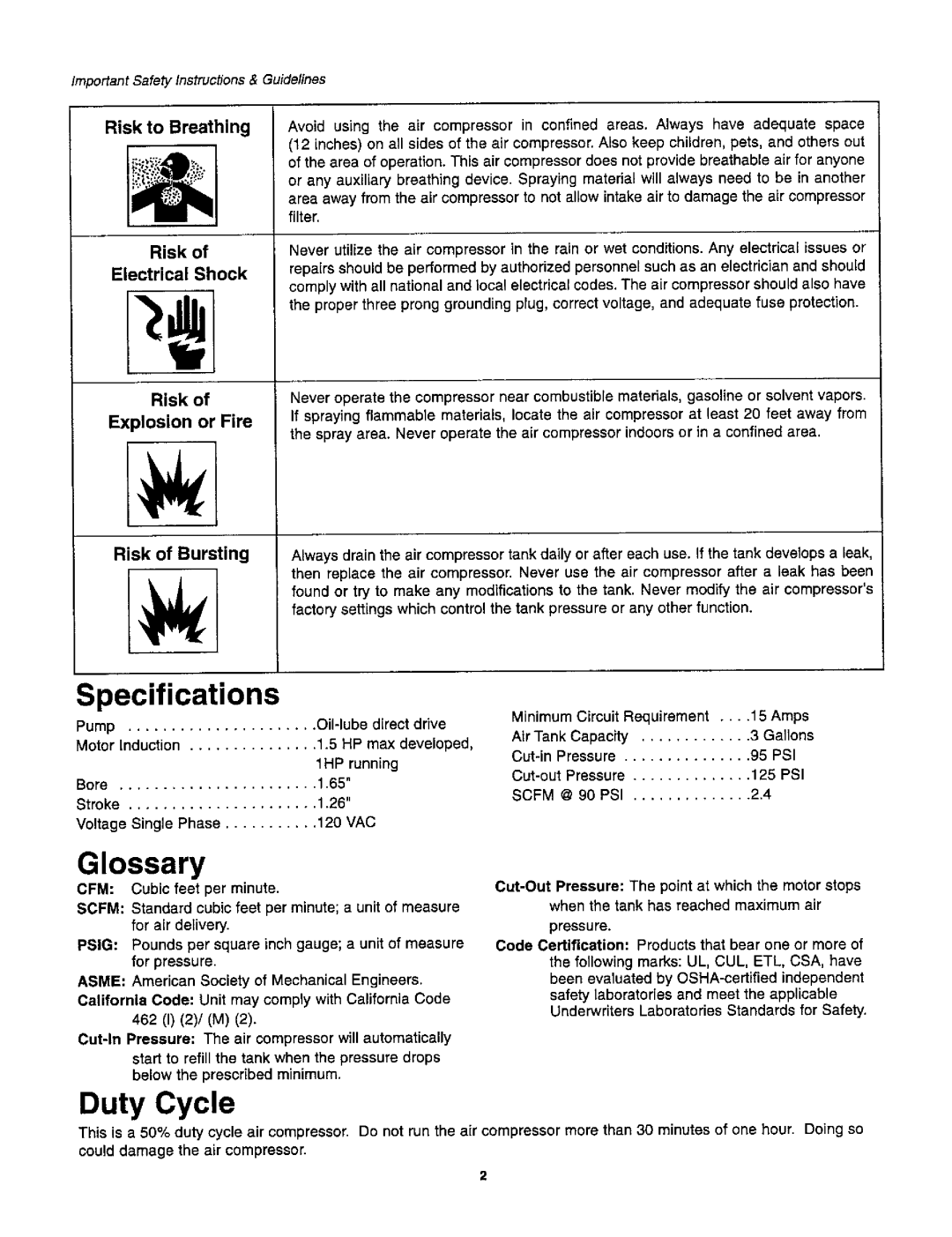 Craftsman 921.1531 owner manual Specifications, Glossary, Duty Cycle 