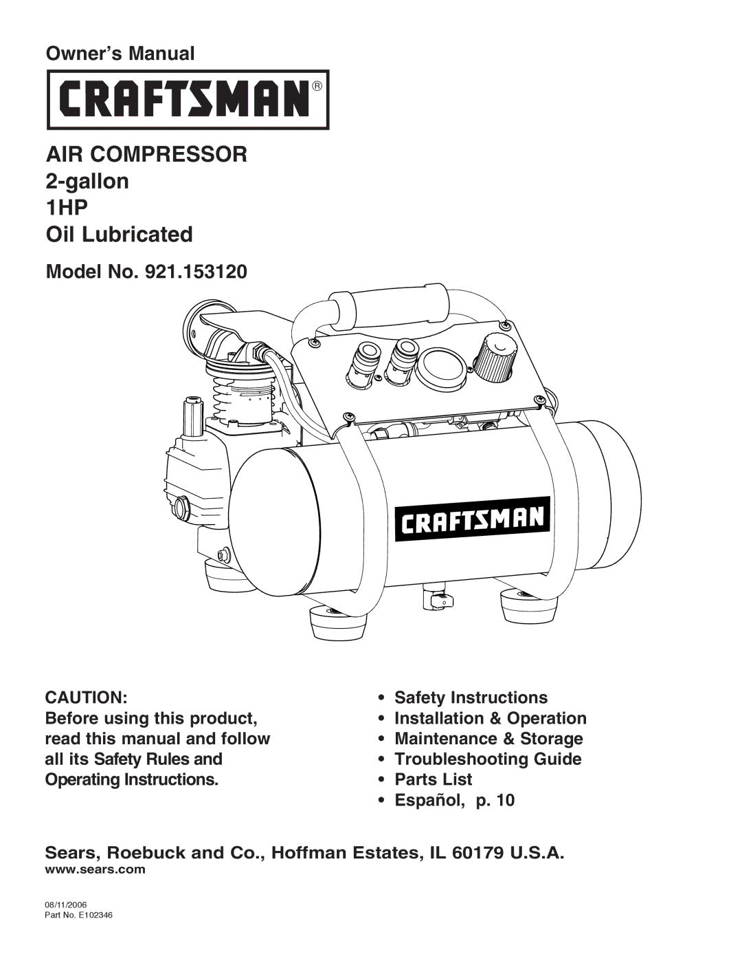 Craftsman 921.153120 owner manual 1HP 