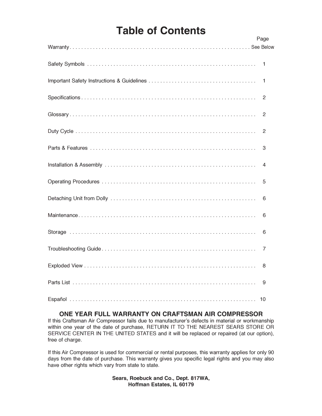 Craftsman 921.153120 owner manual ONE Year Full Warranty on Craftsman AIR Compressor 