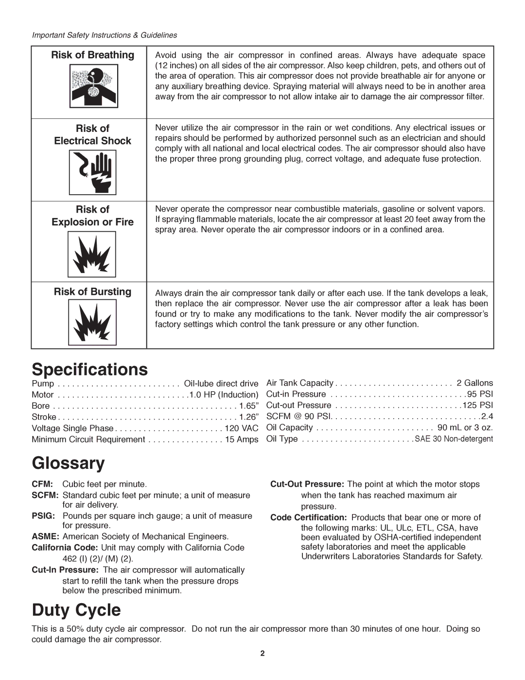 Craftsman 921.153120 owner manual Specifications, Glossary, Duty Cycle 