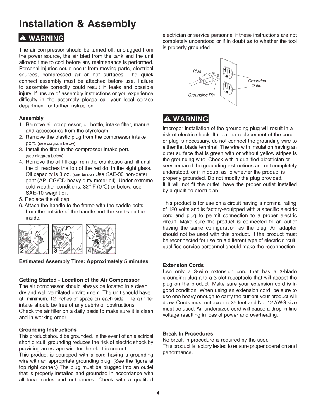 Craftsman 921.153120 owner manual Installation & Assembly, Extension Cords, Break In Procedures 