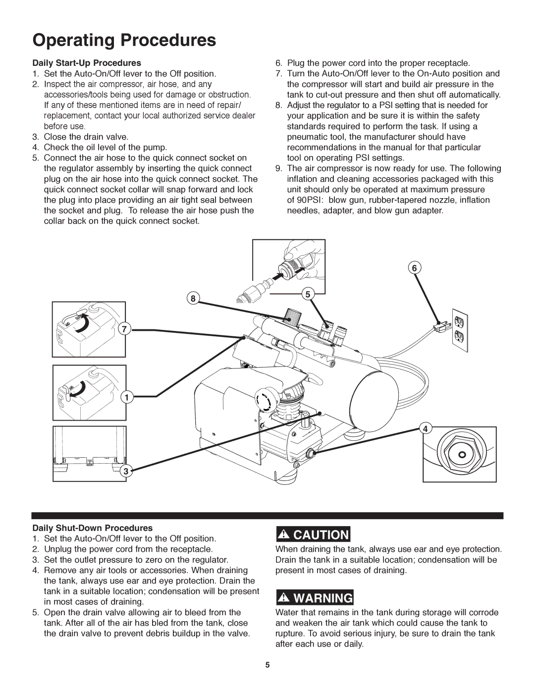 Craftsman 921.153120 owner manual Operating Procedures, Daily Start-Up Procedures, Daily Shut-Down Procedures 