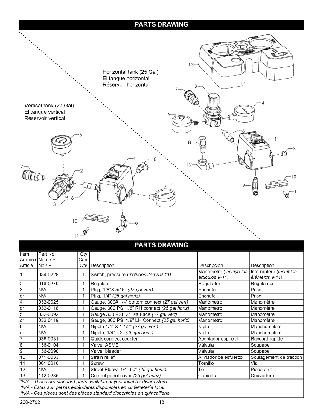 Craftsman 921.16475, 921.16474 owner manual Vertical tank 27 Gal El tanque vertical R6servoir vertical, Asme 