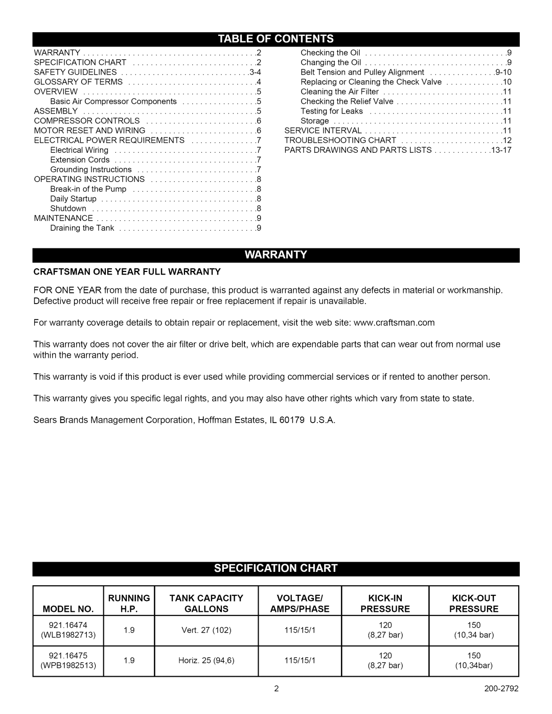 Craftsman 921.16474, 921.16475 Craftsman ONE Year Full Warranty, Operating Instructions, Maintenance, Running Tank 