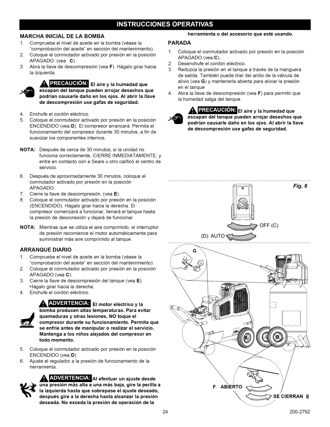 Craftsman 921.16474, 921.16475 owner manual Parada, Arranque Diario, Abierto 