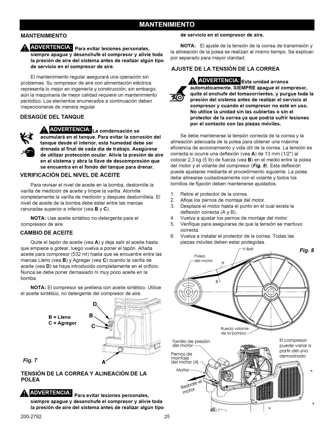 Craftsman 921.16475 Mantenimiento, Desagoe DEL Tanque, Cambio DE Aceite, Tension DE LA Correa Y Alineacion DE LA Polea 