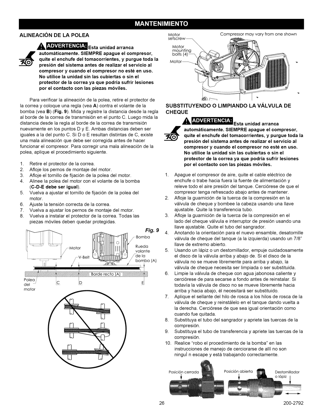 Craftsman 921.16474, 921.16475 owner manual Alineacion DE LA Polea, LlLEsta, Substituyendo O Limpiando LA Valvula DE Cheque 