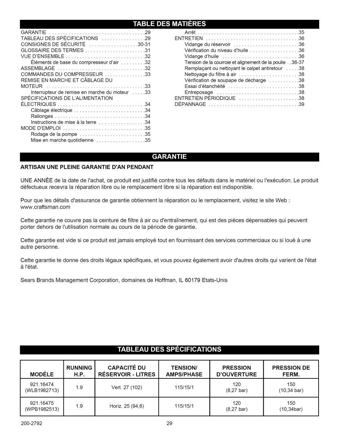 Craftsman 921.16475, 921.16474 owner manual Artisan UNE Pleine Garantie DAN Pendant, Pression Pression DE, MODleLE 