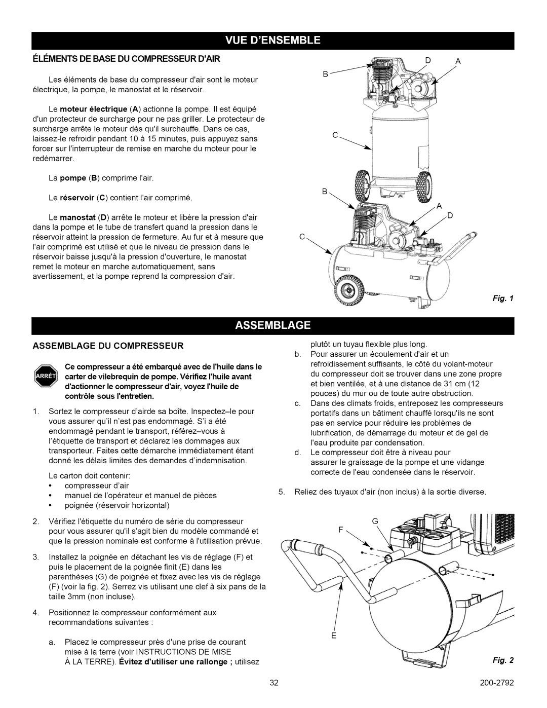 Craftsman 921.16474, 921.16475 owner manual =LleMENTSDE Base DU Compresseur Dair, Assemblage DU Compresseur 