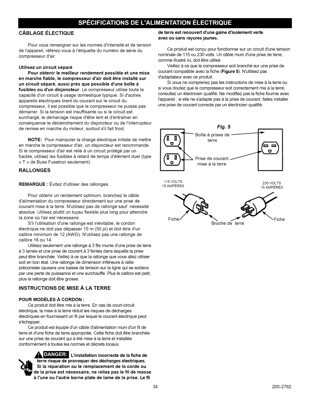 Craftsman 921.16474, 921.16475 Cablage Ilectique, Rallonges, Instructions DE Mise .&.LA Terre, Pour Modiles .& Cordon 