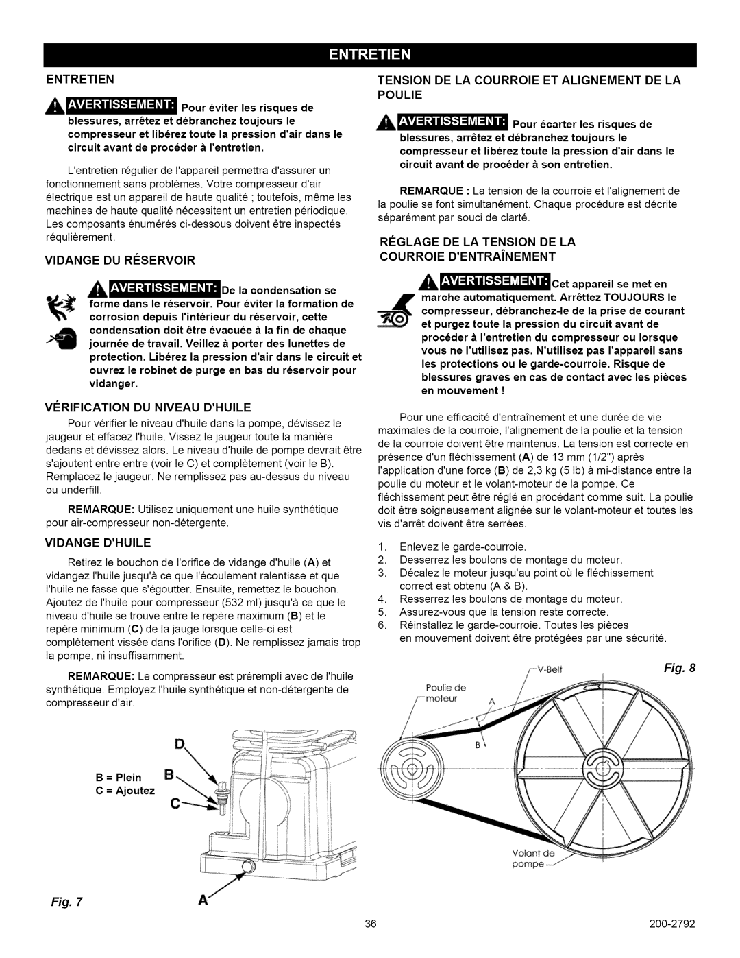 Craftsman 921.16474 Entretien, Vidange DU Reservoir, Tension DE LA Courroie ET Aligneimient DE LA Poulie, Vidange Dhuile 