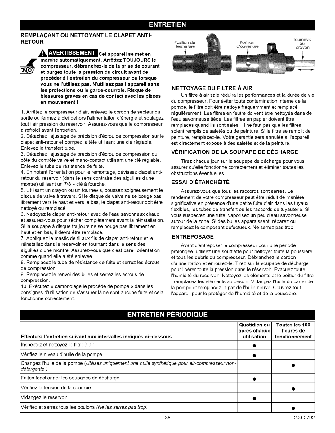 Craftsman 921.16474, 921.16475 owner manual Remplaant OU Nettoyant LE Clapet Anti, Retour, Essai Ditanchiiti, Entreposage 